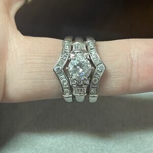 Jeulia Sterling CZ Art Deco Style 3 Ring Bridal Set Round & Baguette Sz 9.75